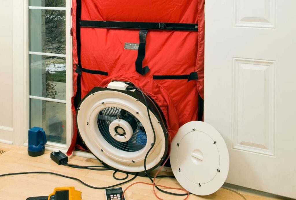 A blower door test during an energy audit